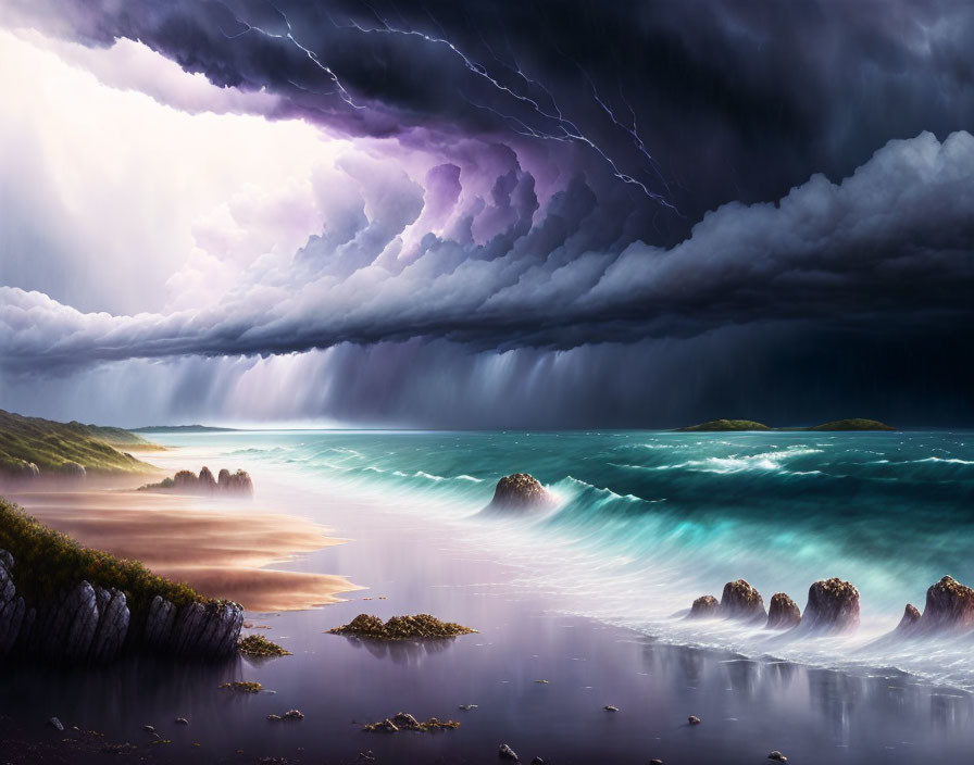 Dramatic seascape with thunderstorm, lightning, turbulent waves approaching serene beach