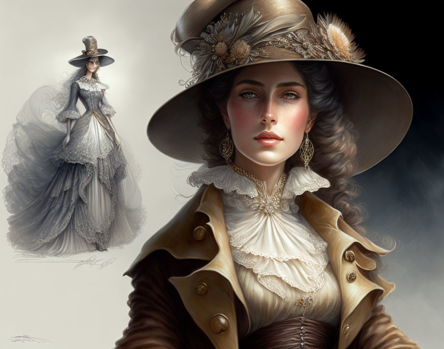 Victorian-style outfit with wide-brimmed hat and ruffled blouse