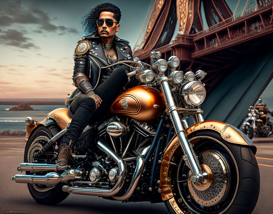 Person in black leather jacket on golden motorcycle at dusk