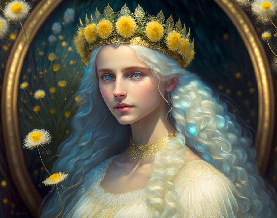 Digital Artwork: Woman with Blonde Hair and Crown in Dandelion Field