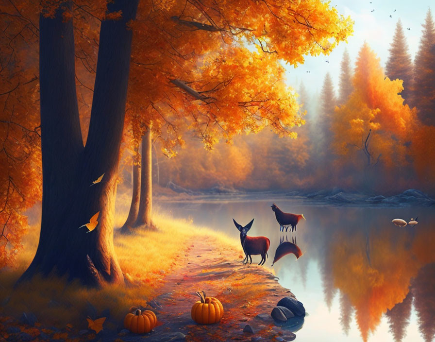 Tranquil Autumn River Scene with Deer, Trees, Pumpkins, and Falling Leaves