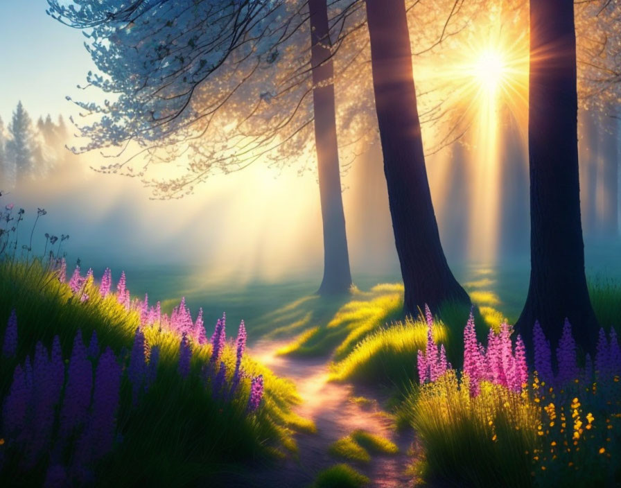 Sunlit forest path with purple wildflowers in foggy morning