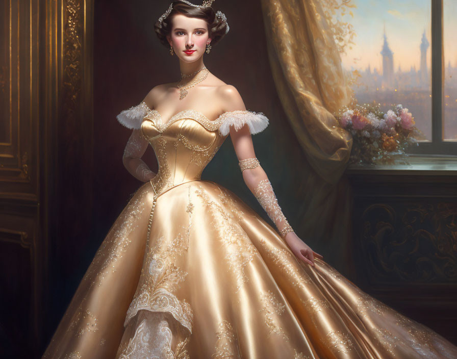 Luxurious golden ball gown and lace gloves on elegant woman at sunset window display