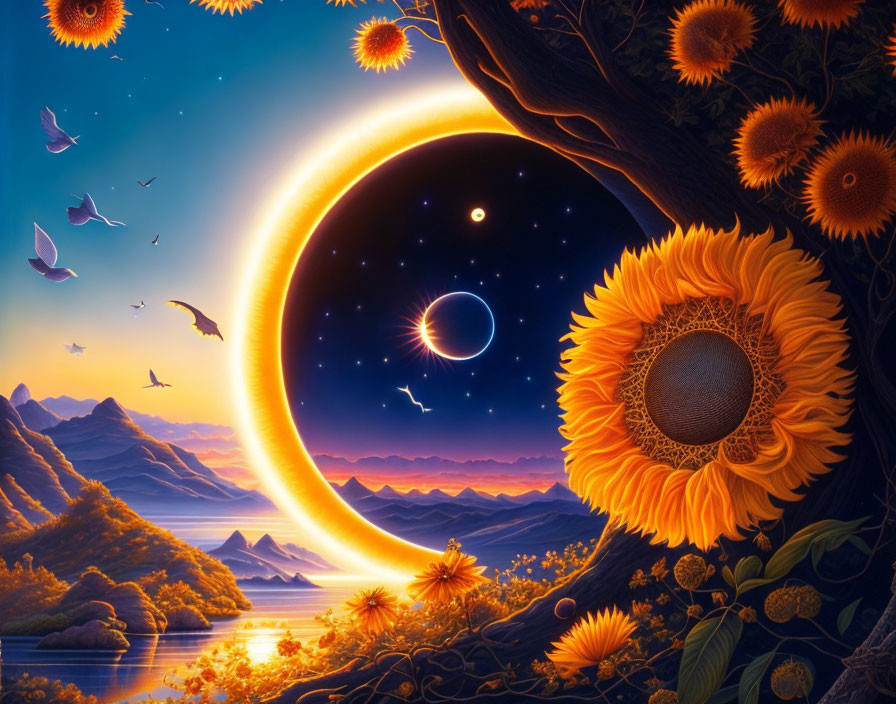 Digital Art: Sunset Landscape with Eclipsed Sun, Sunflowers, and Starry Night Sky