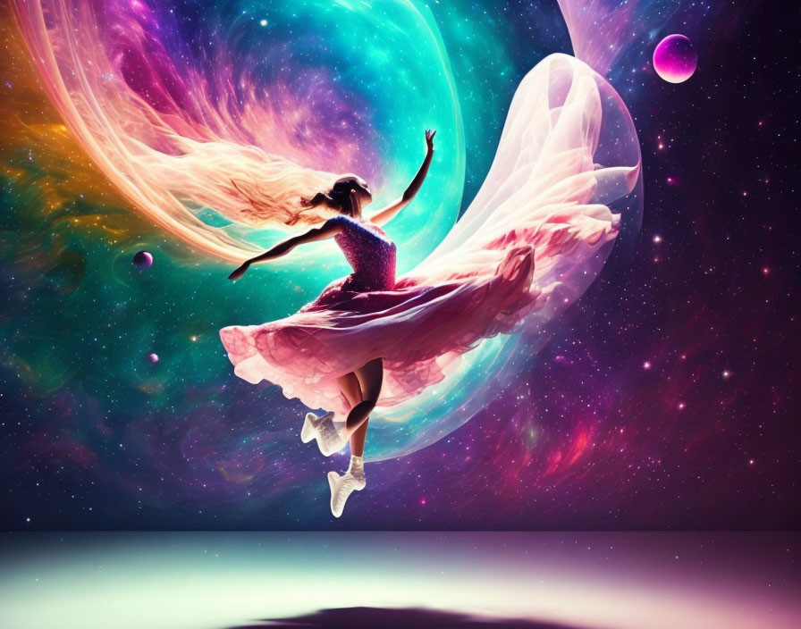 Graceful dancer in flowing dress amidst vibrant cosmic backdrop with swirling galaxies.