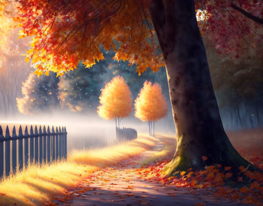 Tranquil autumn landscape with sunlit pathway, orange leaves, wooden fence, and mist