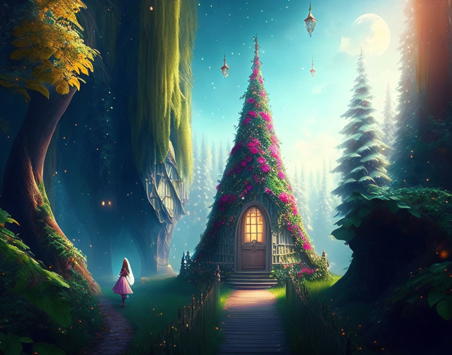 Enchanting forest scene with person near tree house