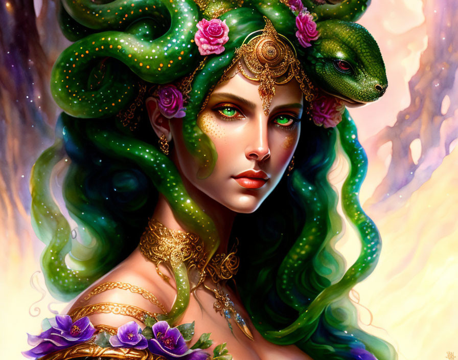 Illustration of woman with green serpentine hair and snake jewelry.