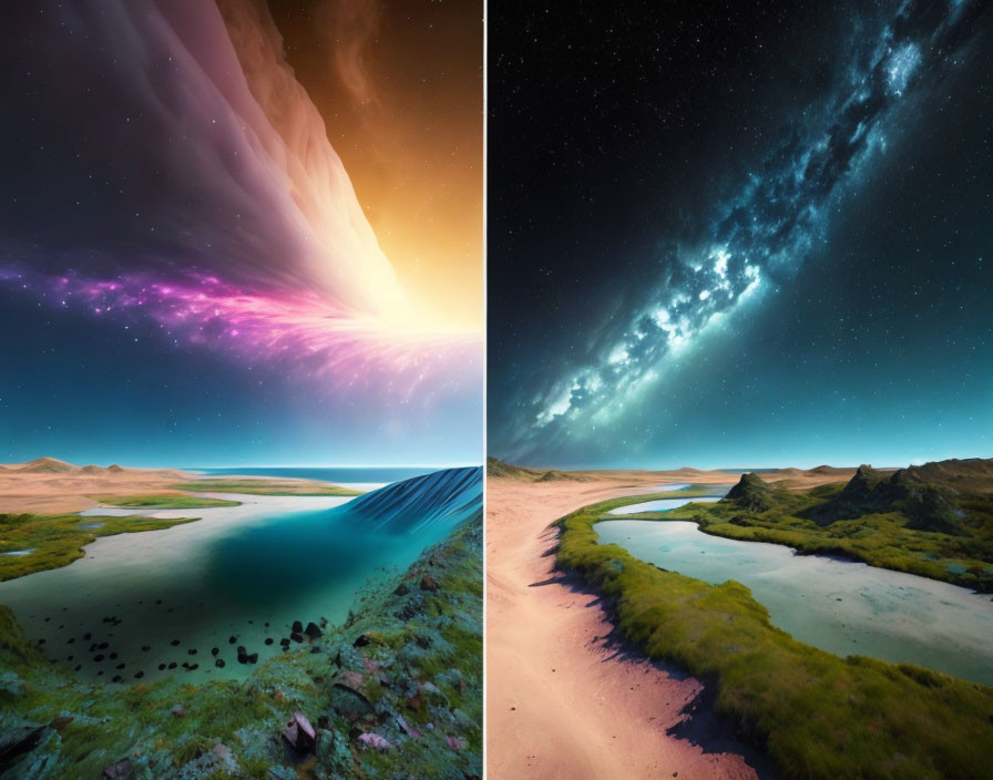 Composite Day-to-Night Landscape: Aurora Lake & Starry River