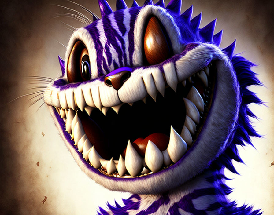 Purple and white striped creature with sharp teeth and mischievous grin