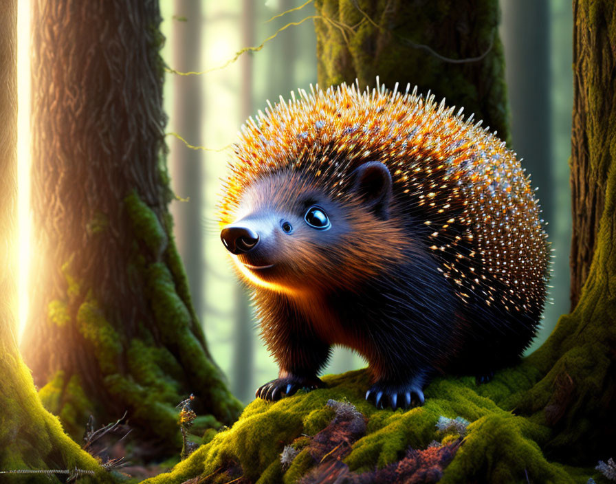 Shimmering spined hedgehog in sunlit forest scene