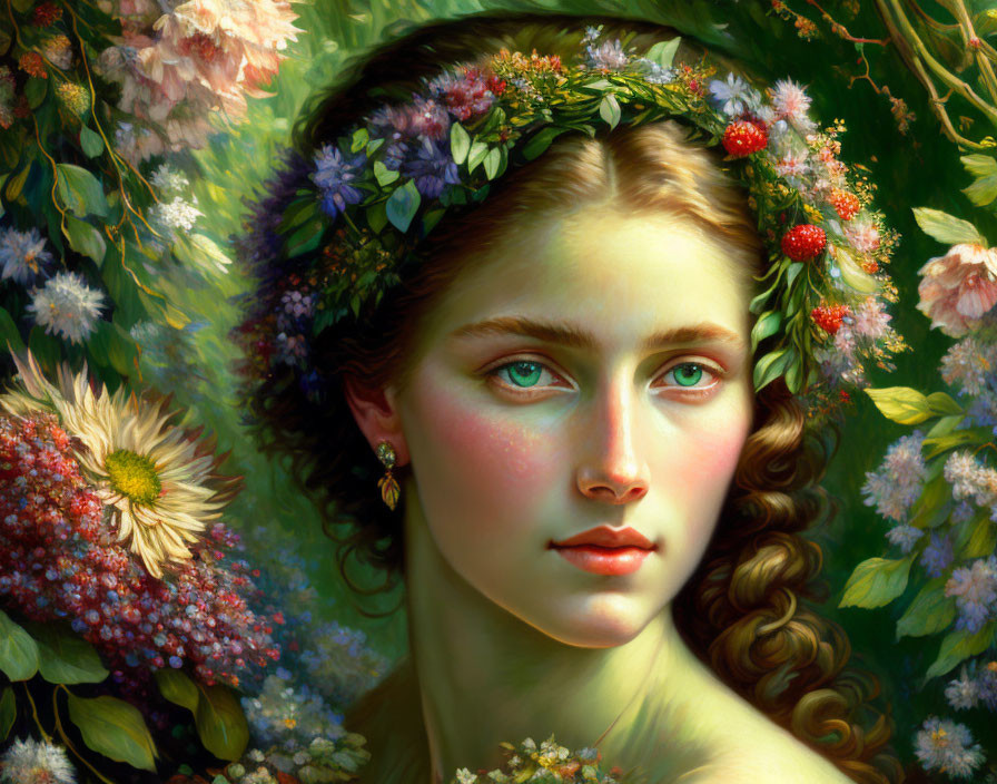 Young woman with floral wreath in lush greenery and vibrant flowers, detailed soft features.