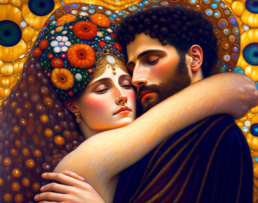 Vividly colored painting of an intimate embrace