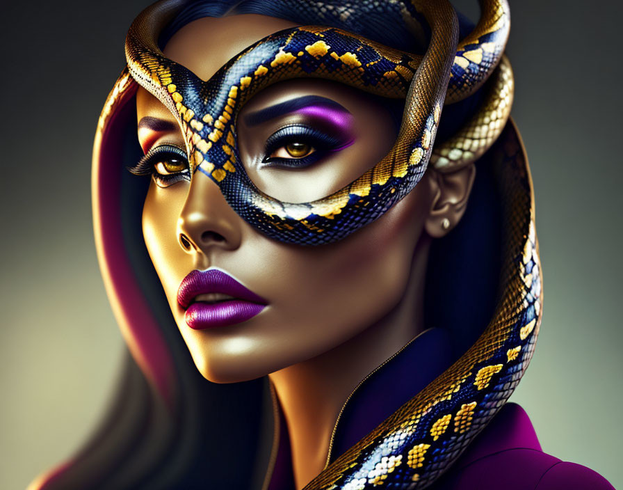 Digital artwork: Woman with snake creating mask pattern