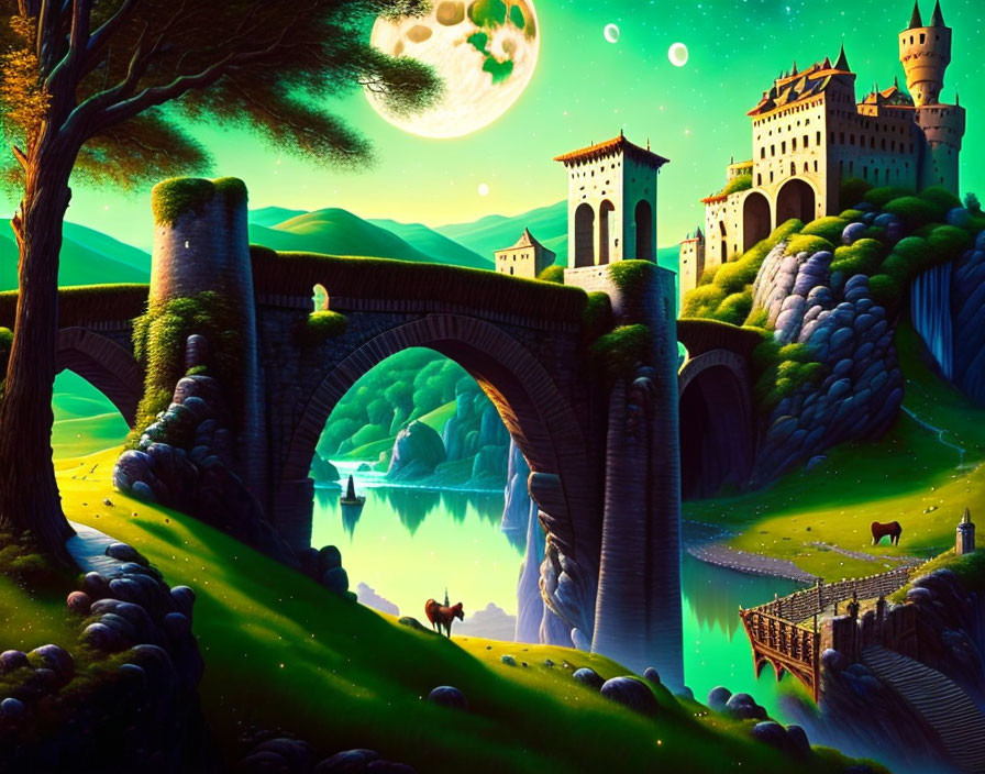 Fantastical landscape with stone bridge, castle, greenery, moonlit sky