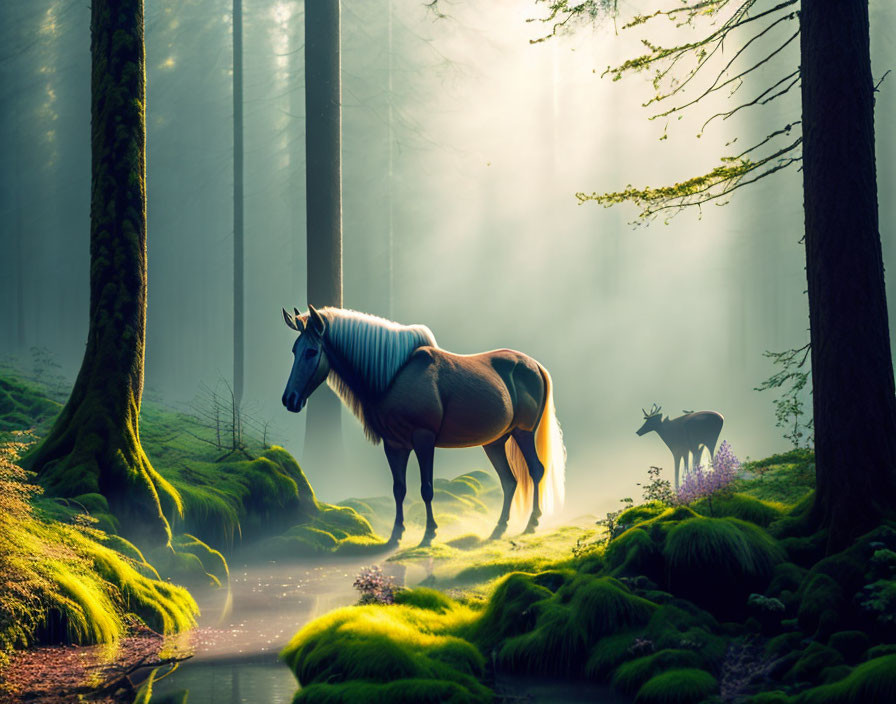 Enchanted forest scene with horse and glowing creature by stream