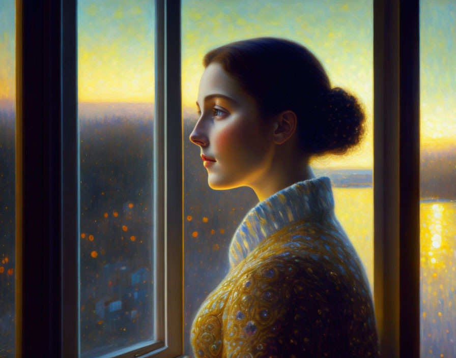 Profile of woman gazing out window at warm sunset with cityscape view