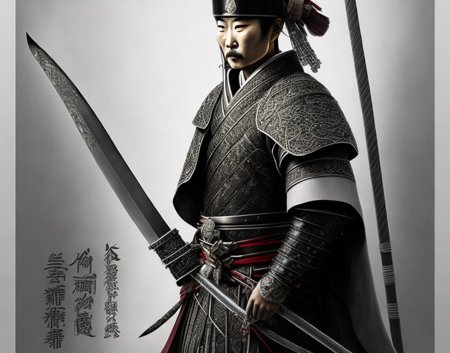 Armored Asian warrior with katana and calligraphy background.