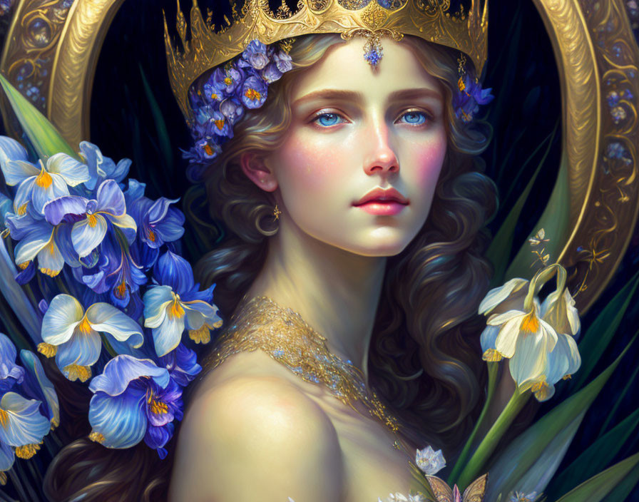 Portrait of a woman with golden crown and floral background