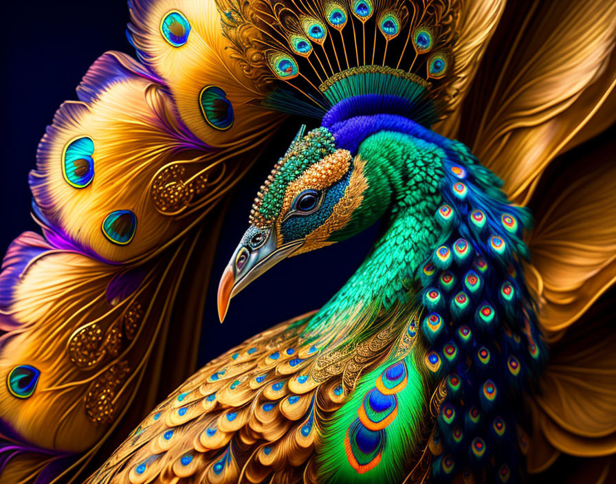 Colorful Peacock with Blue, Green, and Gold Plumage