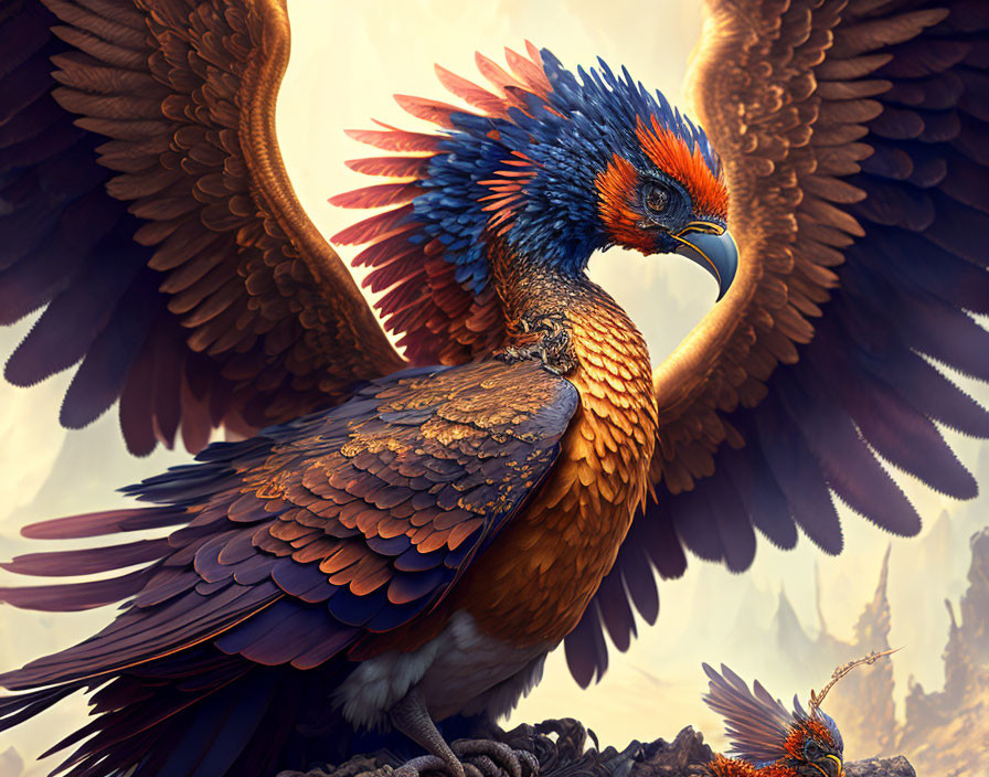 Colorful Mythical Bird with Expansive Wings in Vibrant Plumage