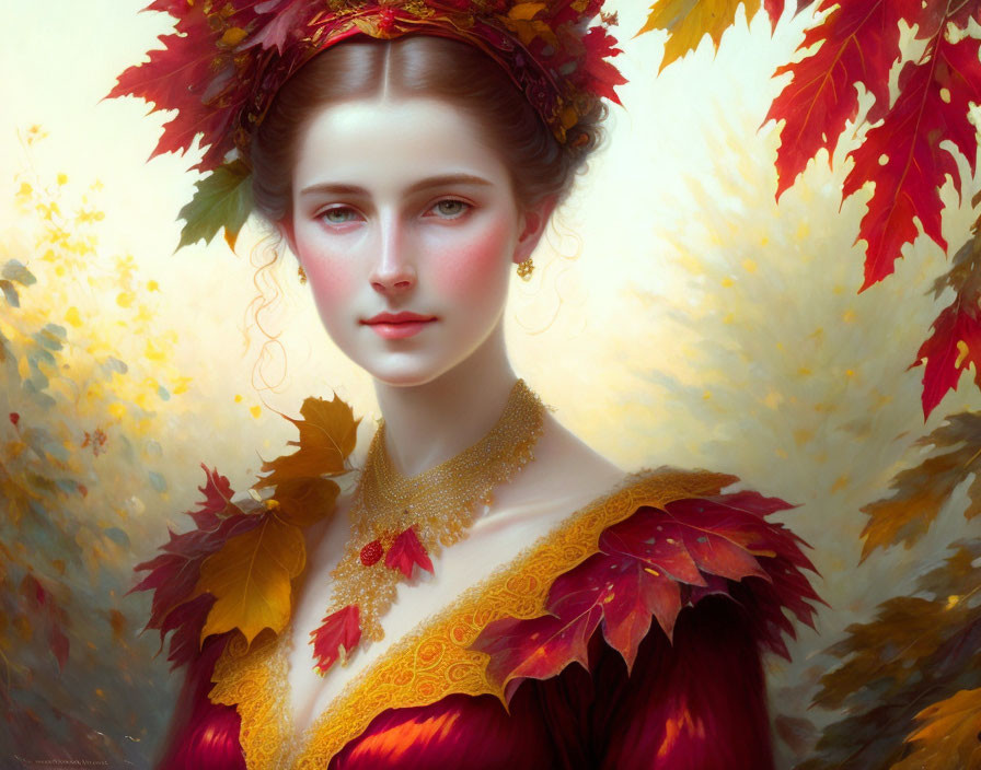 Woman with Autumn Leaves in Hair and Dress - Serene Ethereal Autumn Ambiance