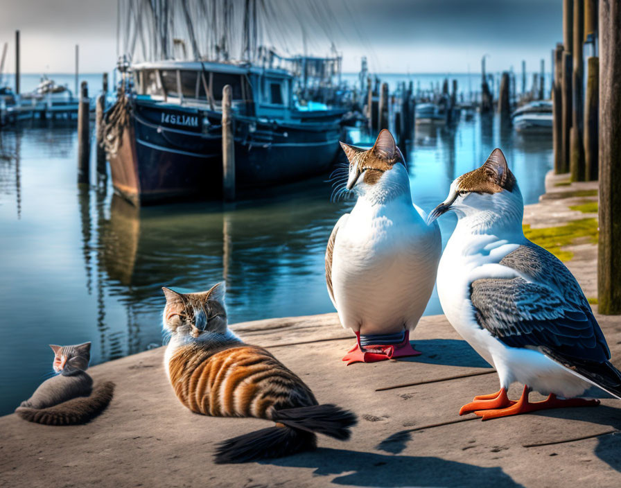 Three seagulls and two cats at a harbor: birds looking away, cats sitting calmly.