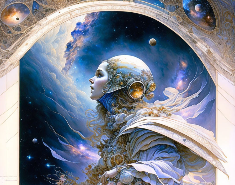 Celestial woman in ornate spacesuit surrounded by stars and planets.