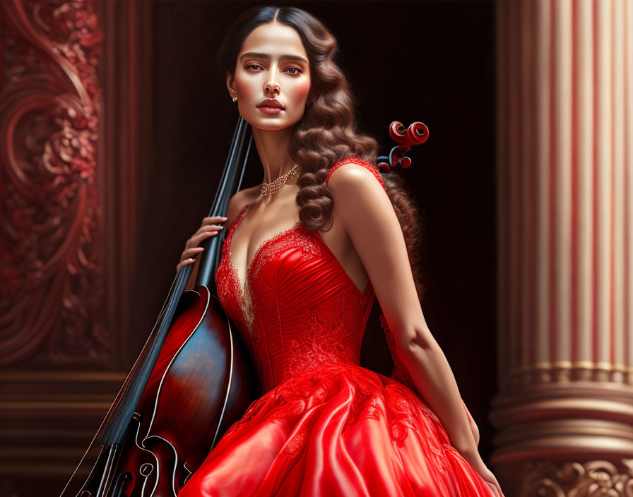 Sophisticated woman in red dress with cello against classical backdrop