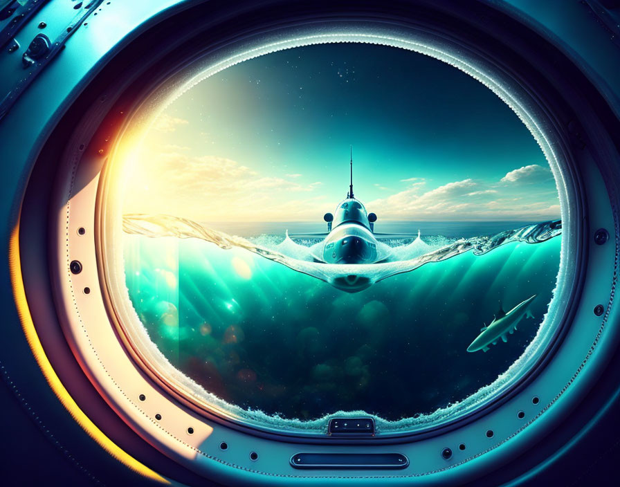 Surreal submarine porthole view: space shuttle and shark in unique blend