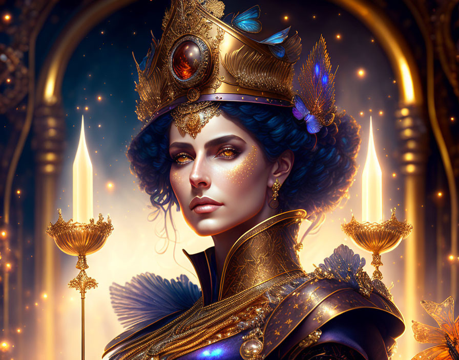 Regal fantasy queen with jeweled crown and golden armor surrounded by ornate details and lit torches