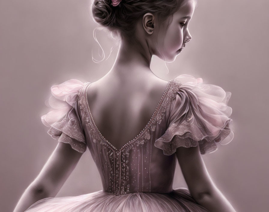 Young ballerina in pink tutu with elegant updo in thoughtful gaze