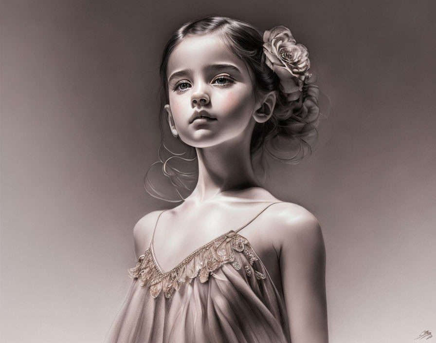 Monochromatic artwork of young girl with flower in hair