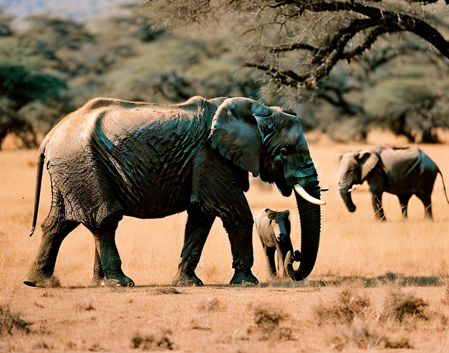 Adult and calf elephants walking in savanna with another elephant in background under tree canopy