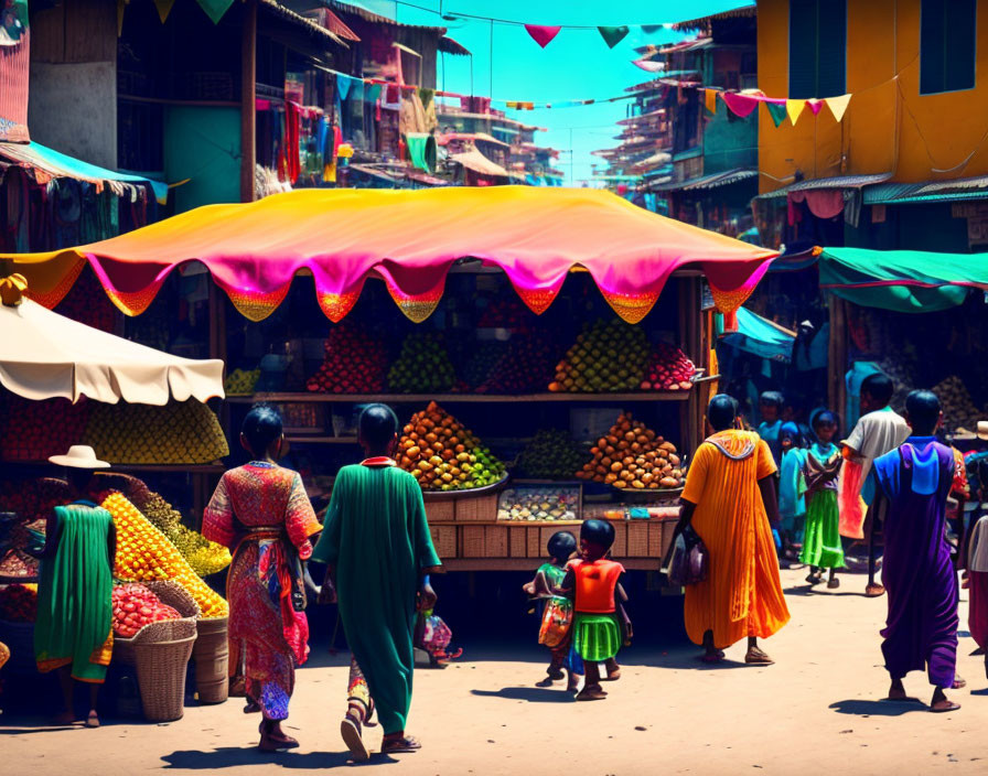 Colorful Market Scene with Traditional Attire and Sunny Sky