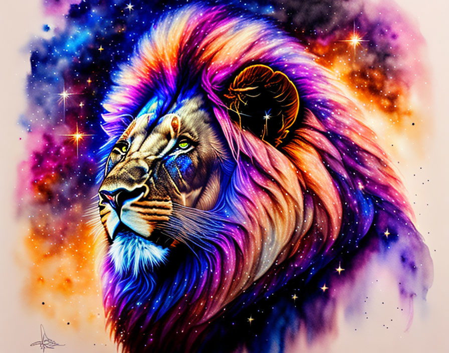 Colorful Lion Artwork Blending Wildlife and Space