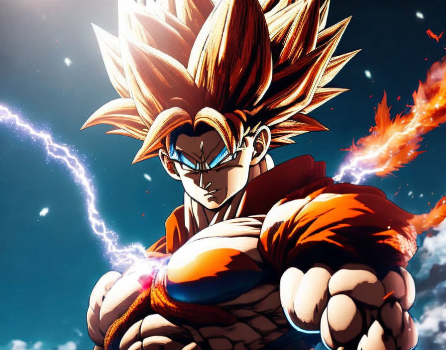 Spiky-haired animated character powers up against dramatic sky.
