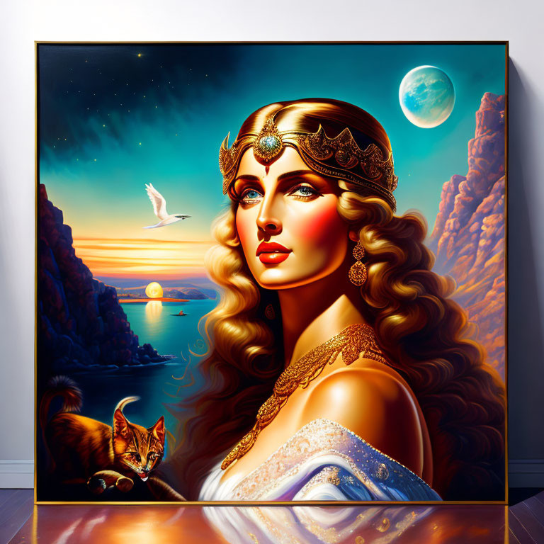 Stylized portrait of woman with headgear next to cat, ocean backdrop, moon, and seab