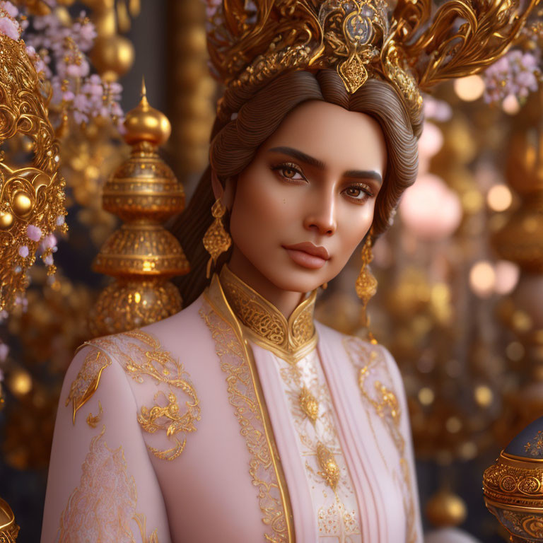 Regal woman in gold headpiece surrounded by blossoms and ornaments