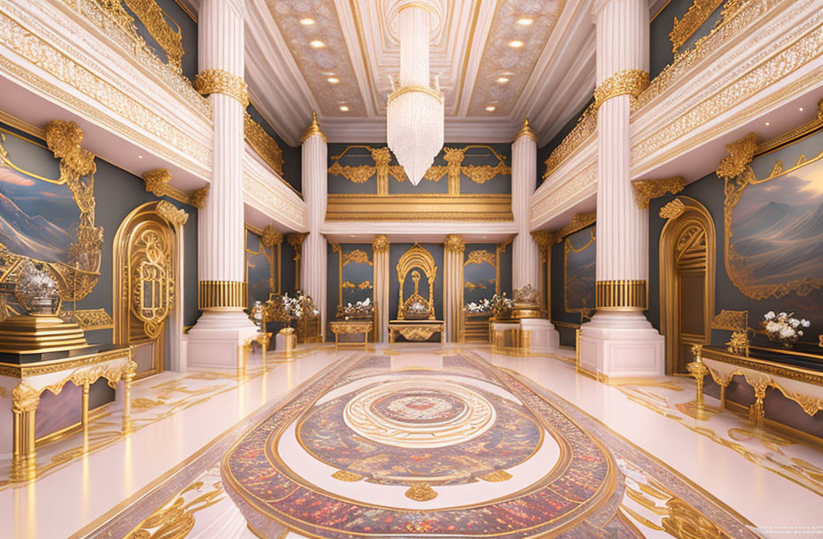 Luxurious Hall with Golden Columns and Grand Chandelier