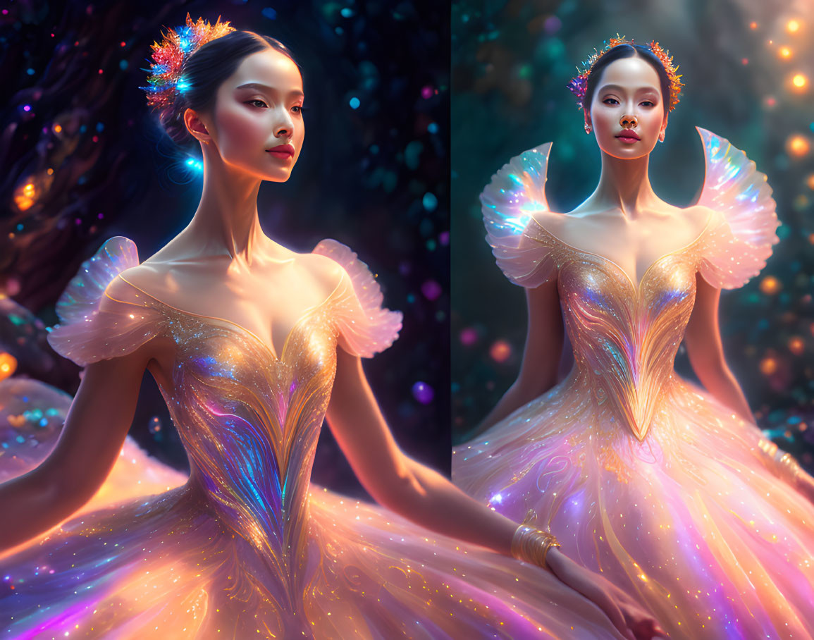 Iridescent fantasy gown woman with glowing headpiece and twinkling lights