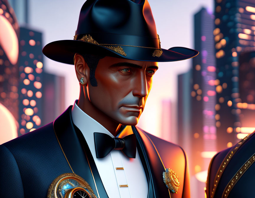 Digital illustration of man in tuxedo and fedora hat with gold accents in cityscape at dusk