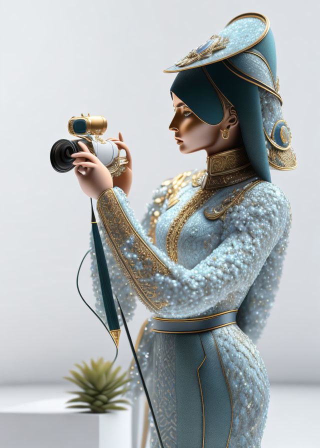 Stylized female figure in blue and gold costume with camera and potted plant