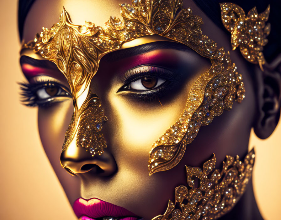 Striking makeup and golden leaf-themed mask with glittering details