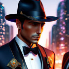 Digital illustration of man in tuxedo and fedora hat with gold accents in cityscape at dusk