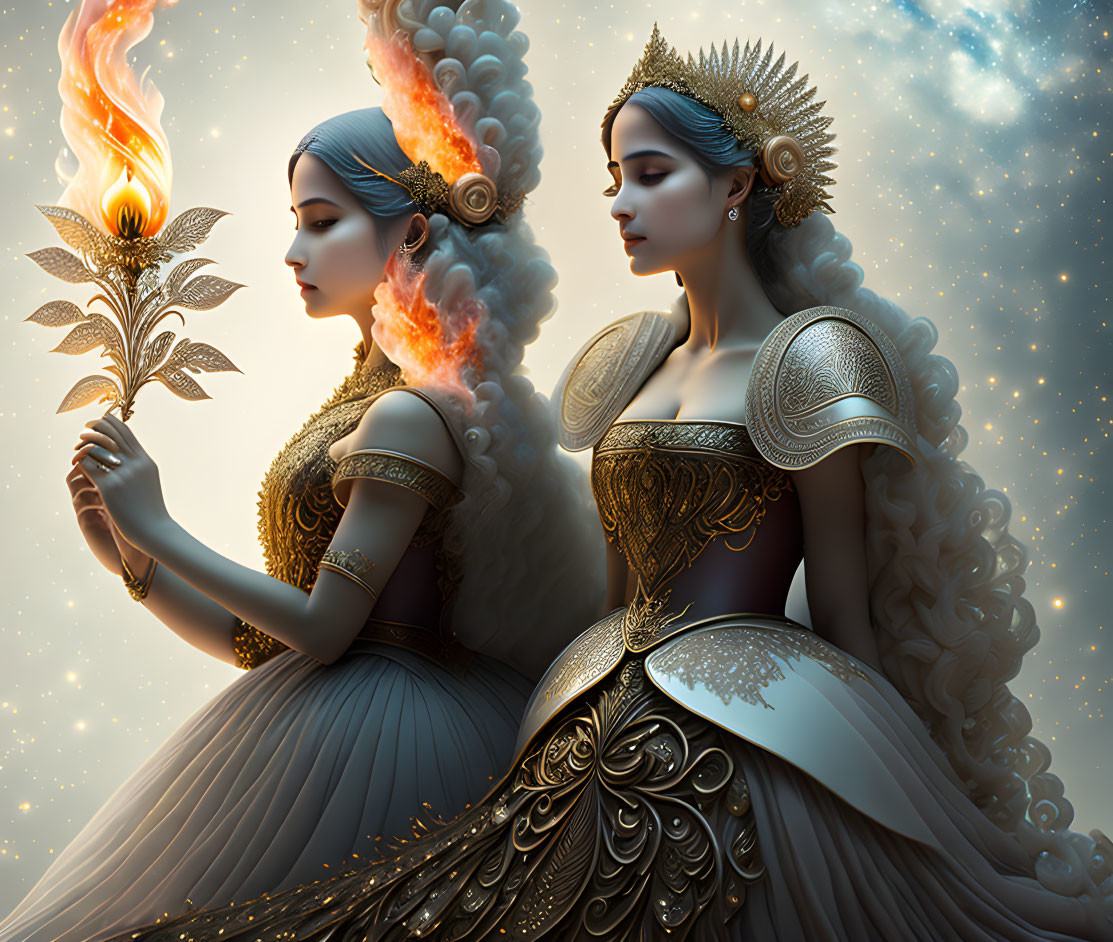 Stylized regal female figures in ornate dresses against cosmic backdrop