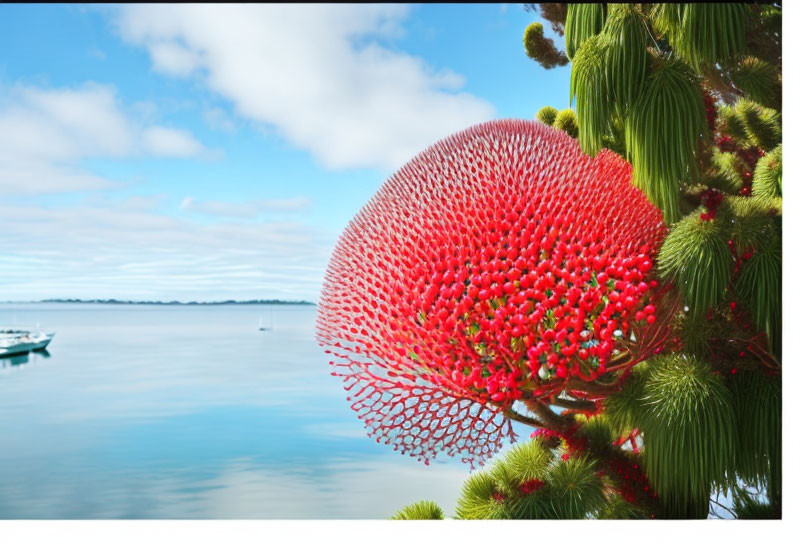 Vibrant red coral-like plant in blue water with green foliage and distant boat