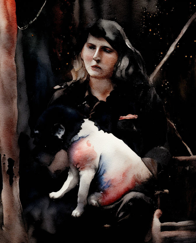 Woman in dark attire holding black and white dog against night backdrop