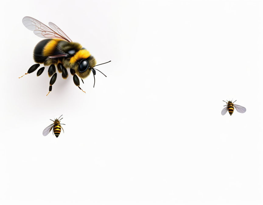 Detailed Realistic Illustration of Large Bee with Two Smaller Bees on White Background