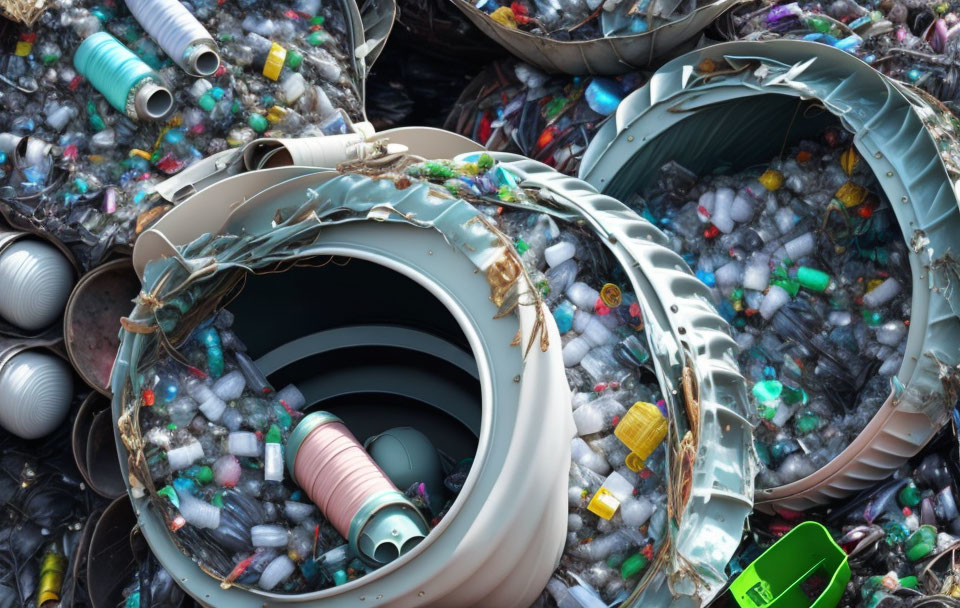 Assorted discarded items: plastic bottles, containers, thread spools, electronic parts